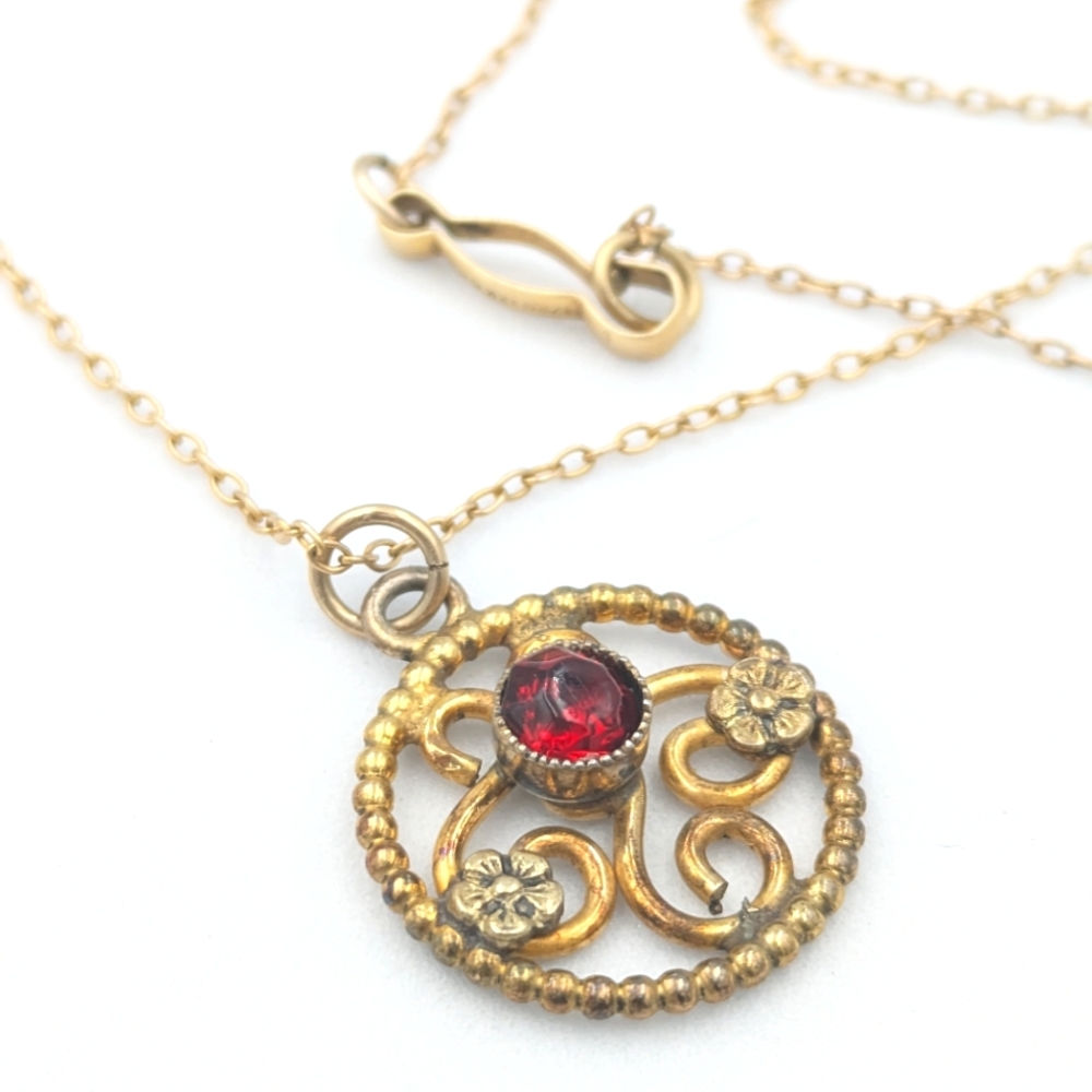 Antique or late vtg 12k GF Art Nouveau chain necklace with pendant and red stone